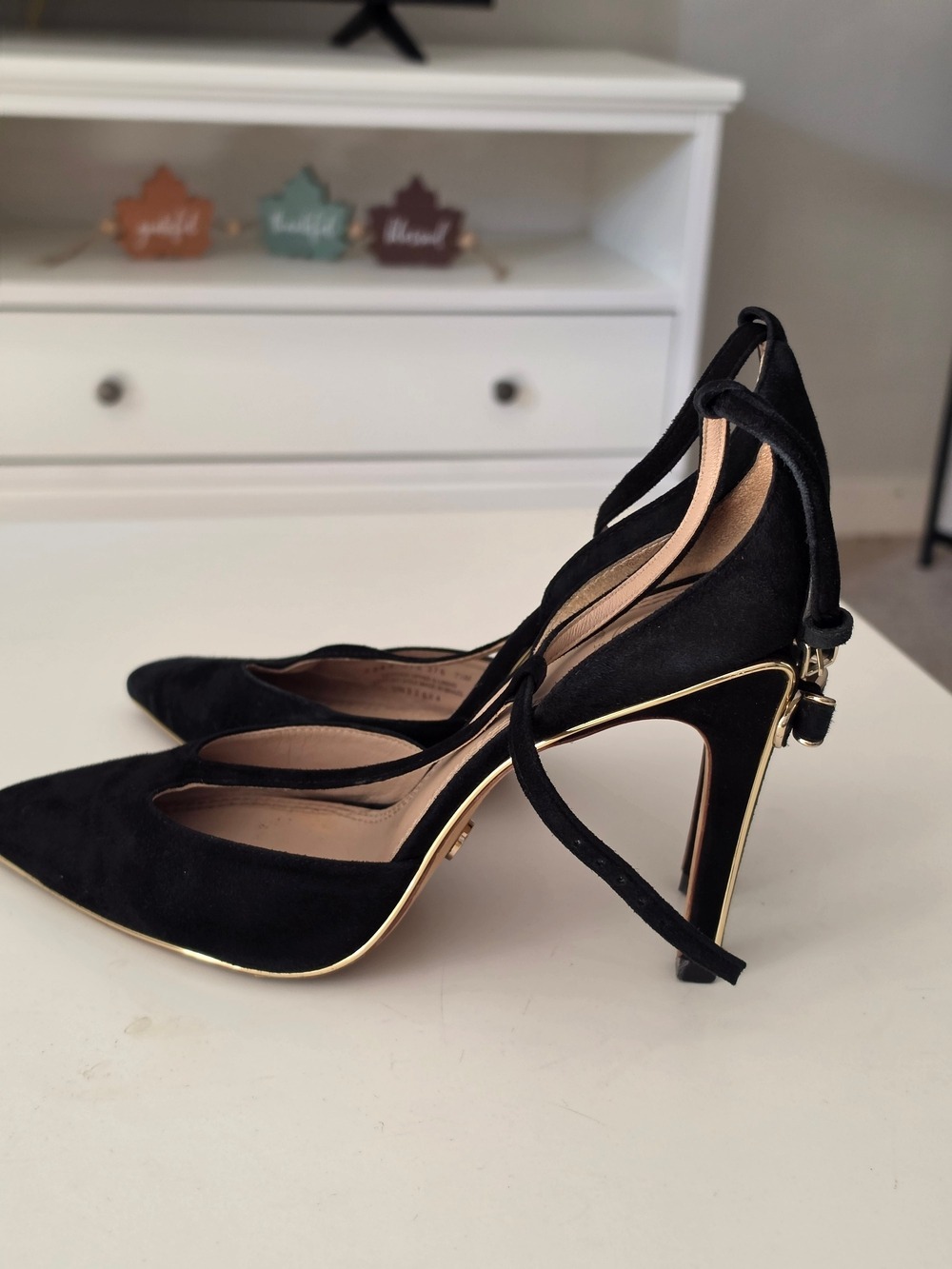Tory Burch Belleville Black Suede Pointed Toe Ankle Tie Heels with Gold Trim - Picture 2 of 9